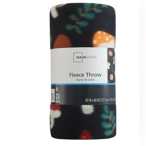 🍄 NWT Mainstays Fleece Throw 50x60 – Black Mushroom Print – Super Soft & Cozy